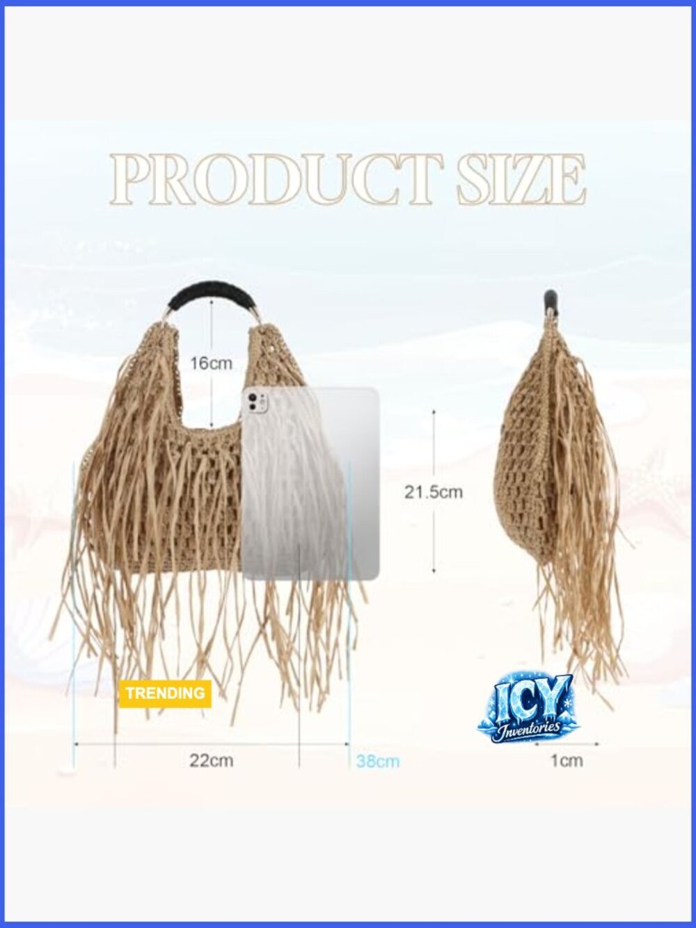 Straw Tassel Beach Bag Lightweight Woven Tote Handbag Fringe Summer Clutch - Picture 4 of 7